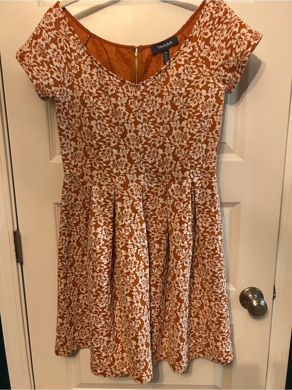 ModCloth Jacquard Rust and White Floral Fit-&-Flare Retro